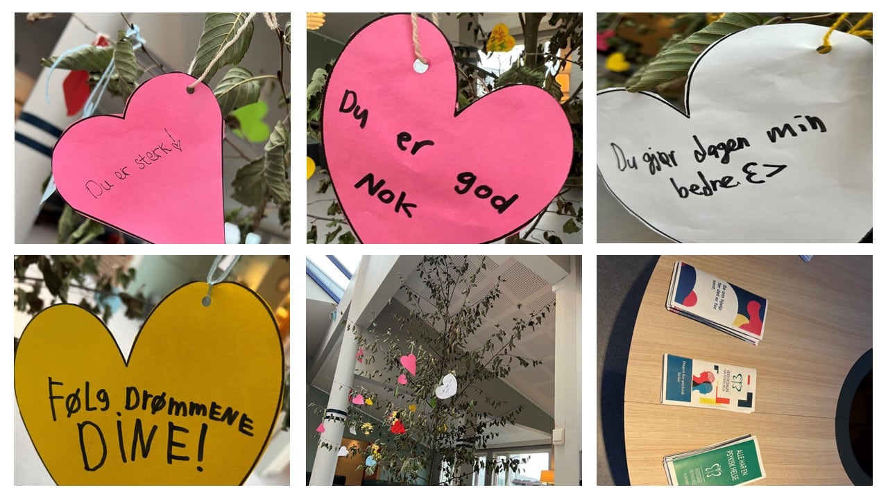 En collage viser hjerteformede lapper med positive budskap på norsk hengende på et tre, et pyntet innendørs tre og brosjyrer på et bord i en innendørssetting.
